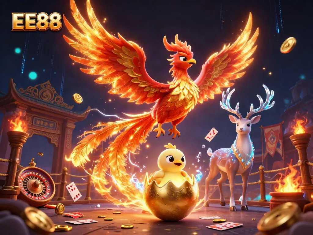 Engage with exhilarating gameplay at EE88, featuring a dynamic 3D scene with epic casino elements.