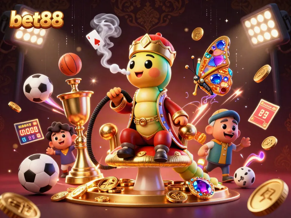 Bet88 captures players' attention with a vibrant 3D illustration of a caterpillar casino master.