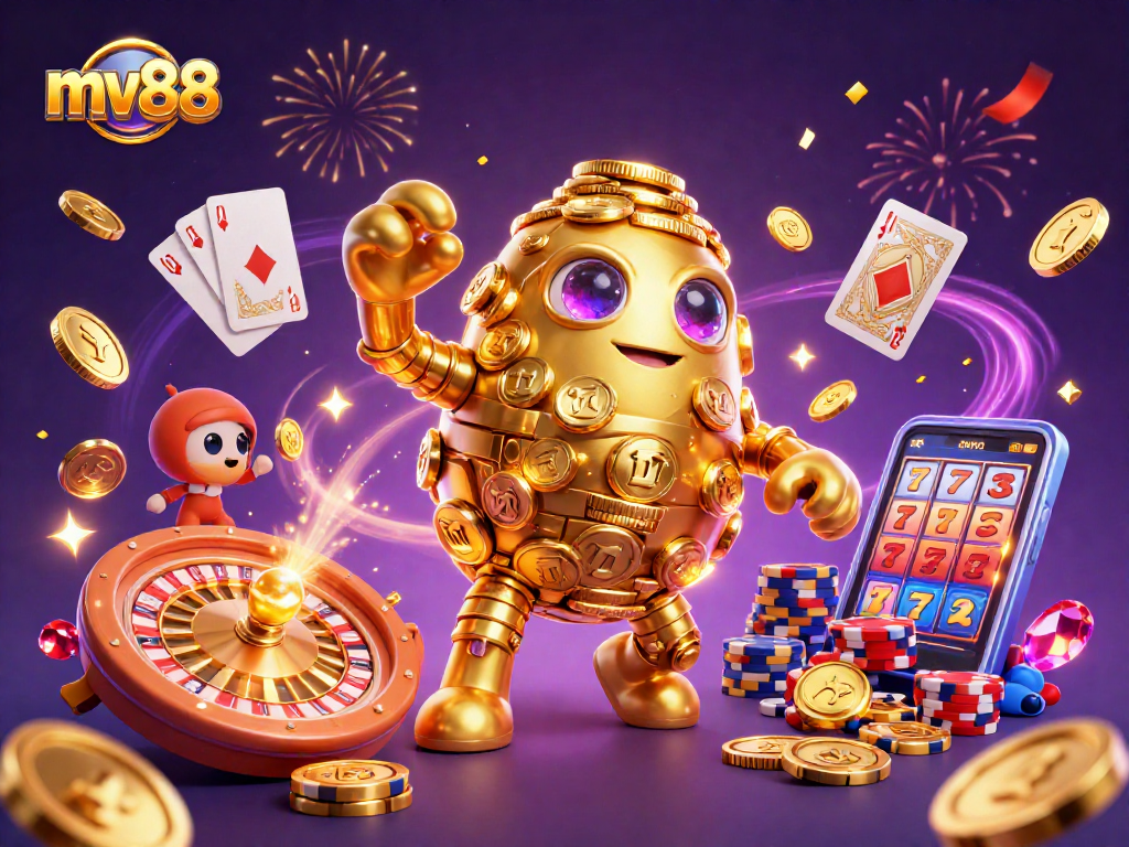 Win big at mv88 casino with a golden golem and dynamic game elements in this vibrant illustration.