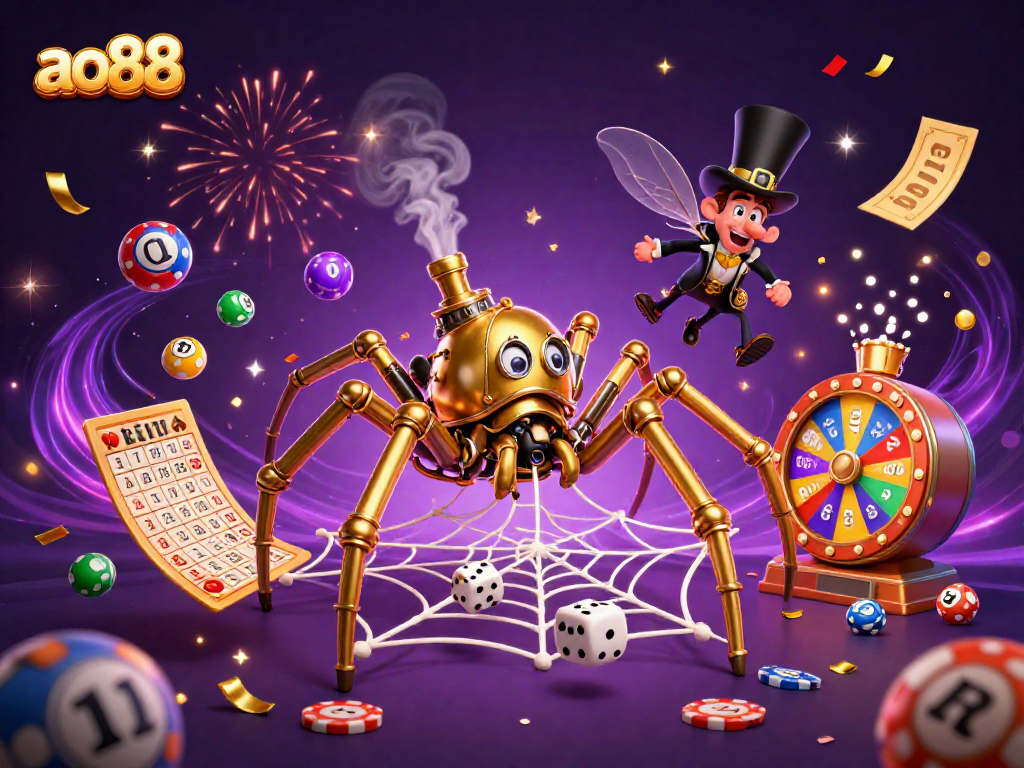 Experience the thrill of ao88 as the steampunk spider catches winning dice in a vibrant casino scene.