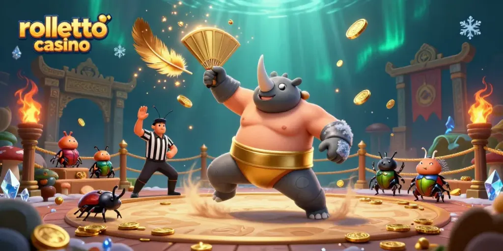 rolletto casino showcases a dynamic beetle sumo match with vibrant game elements and captivating spectators.