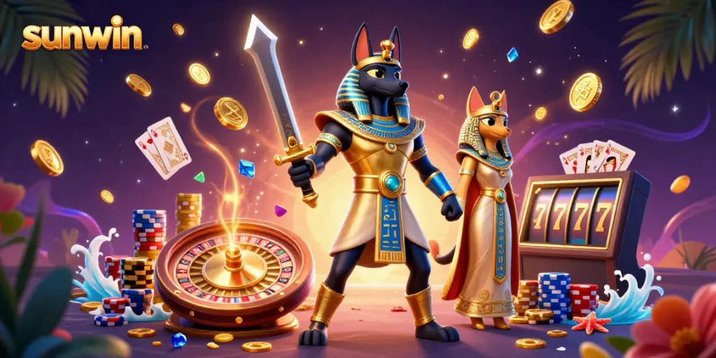 Join Anubis in the sunwin adventure, surrounded by cascading coins and vibrant game elements.