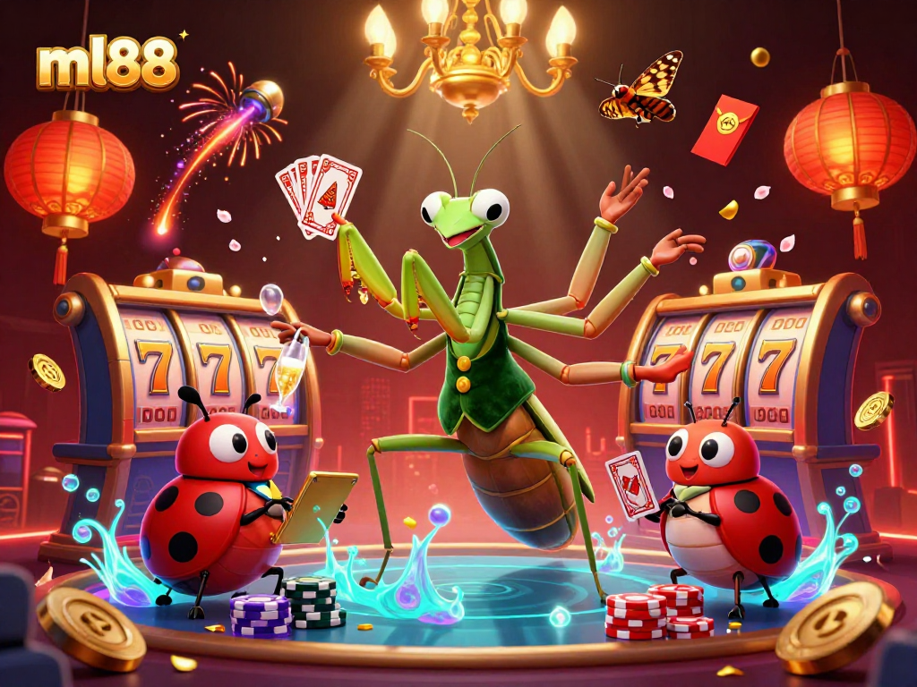 Engage with ml88's vibrant slot gaming scene featuring a cartoon praying mantis dealer and festive decor.