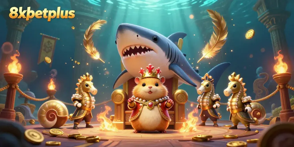 8xbetplus showcases a vibrant underwater scene with a hamster king and royal seahorse guards amidst casino elements.