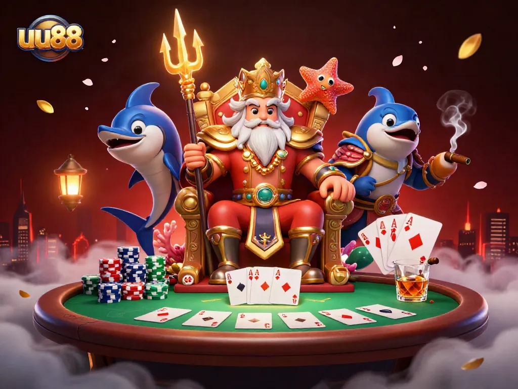 uu88 players enjoy an immersive poker experience with Neptune and characters in a vibrant casino scene