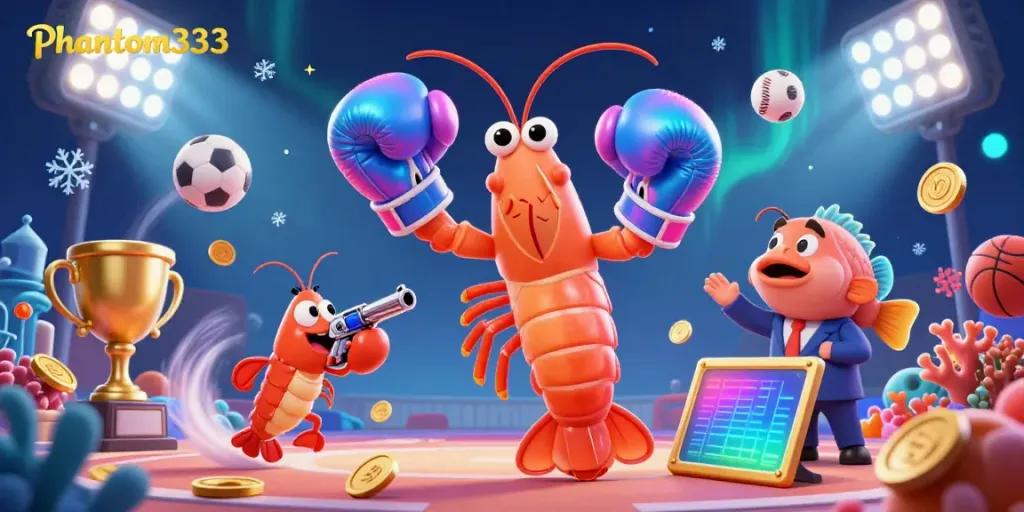 Experience dynamic betting action in Phantom333 with vibrant shrimp characters and sports elements.