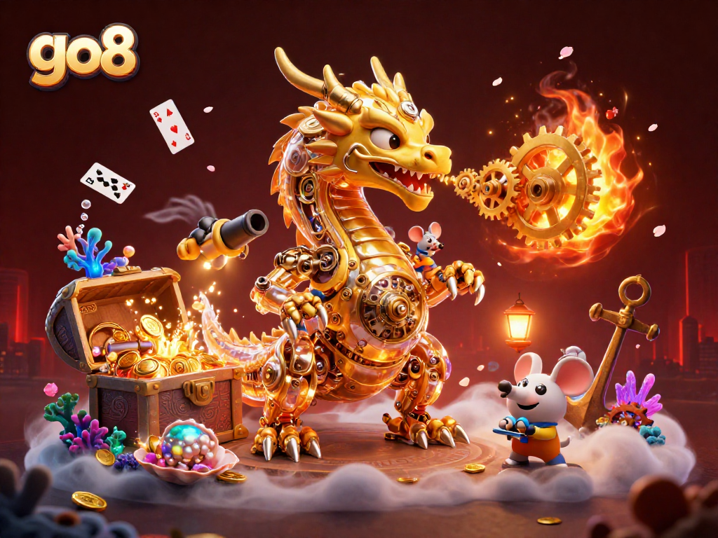 Experience thrilling gameplay at go8 with a golden dragon, treasure, and casino elements.
