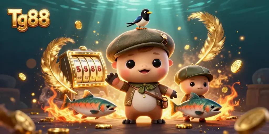 Participate in thrilling games at Tg88, showcasing a vibrant gambling scene with exciting slot elements and playful characters.
