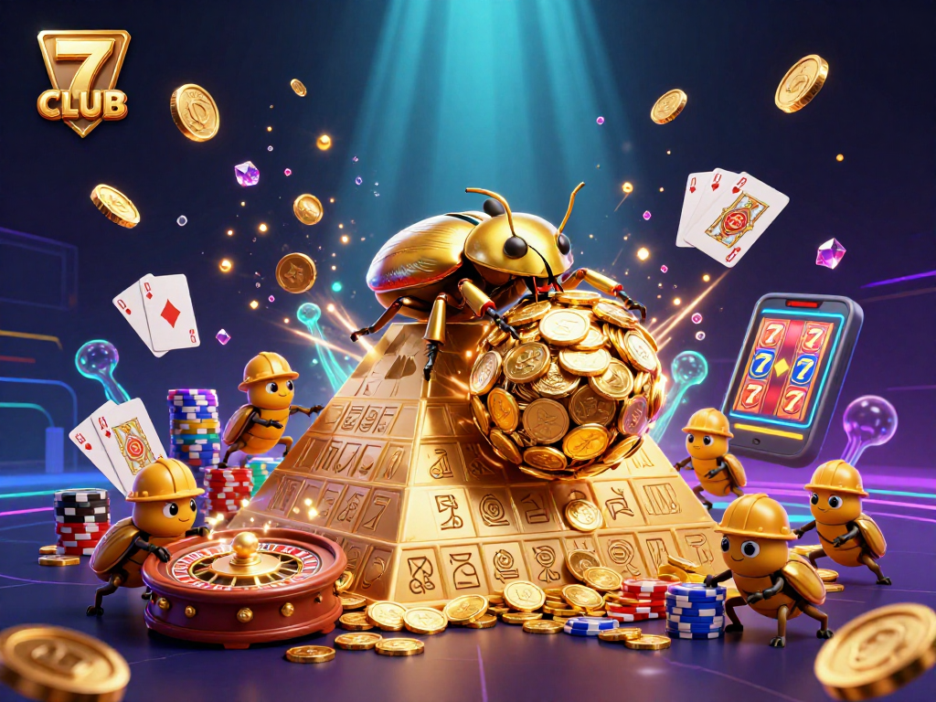 Experience winning at 7CLUB with a 3D golden dung beetle amidst casino elements.