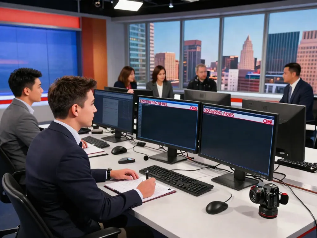 Journalist reporting Breaking News on CNN in a dynamic newsroom.