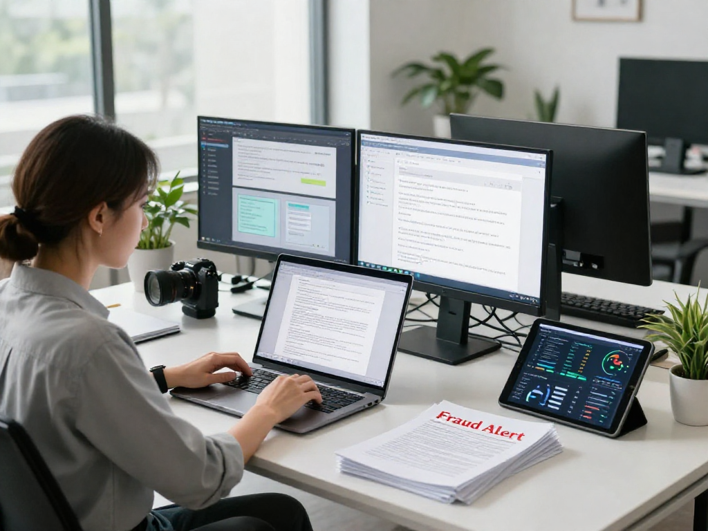 Data analyst reviewing document fraud detection tool with alerts on suspicious documents in a modern office.
