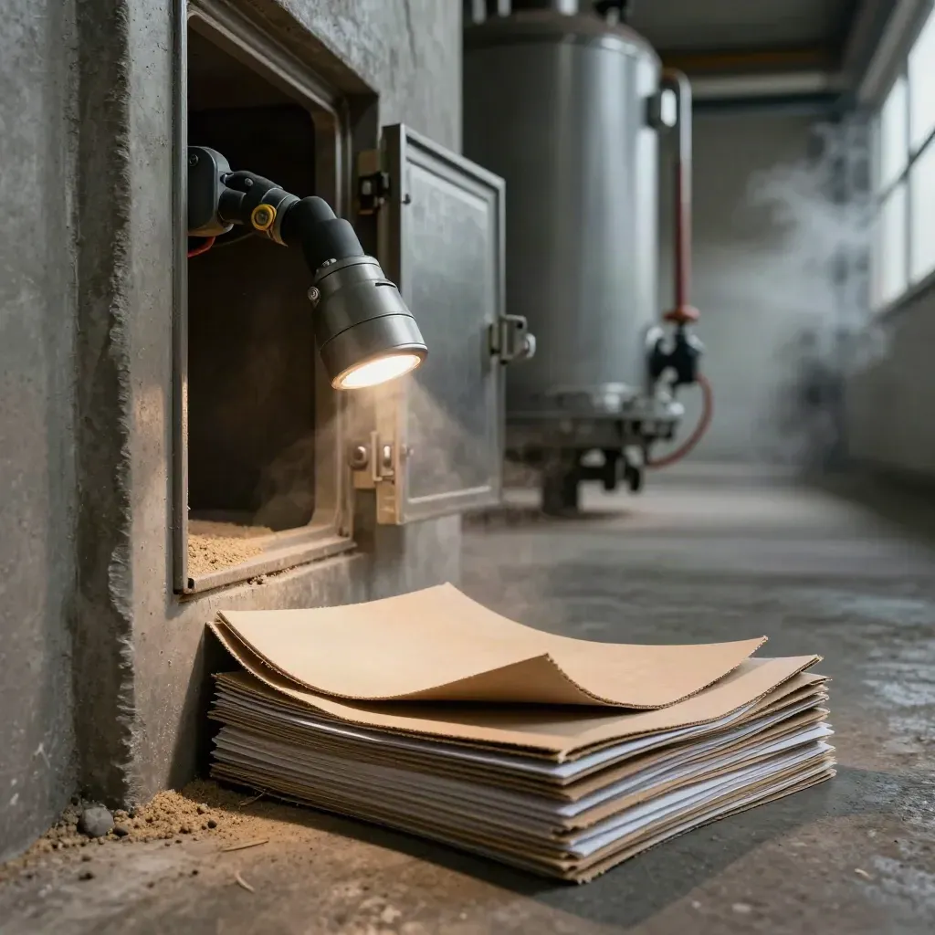 Inspection torch and open service hatch beside recycled-paper samples in a concrete corridor.