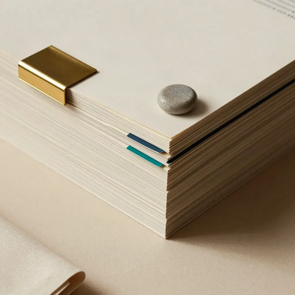 Report proof stack with tabs, brass clip and stone paperweight on a sunlit review surface.