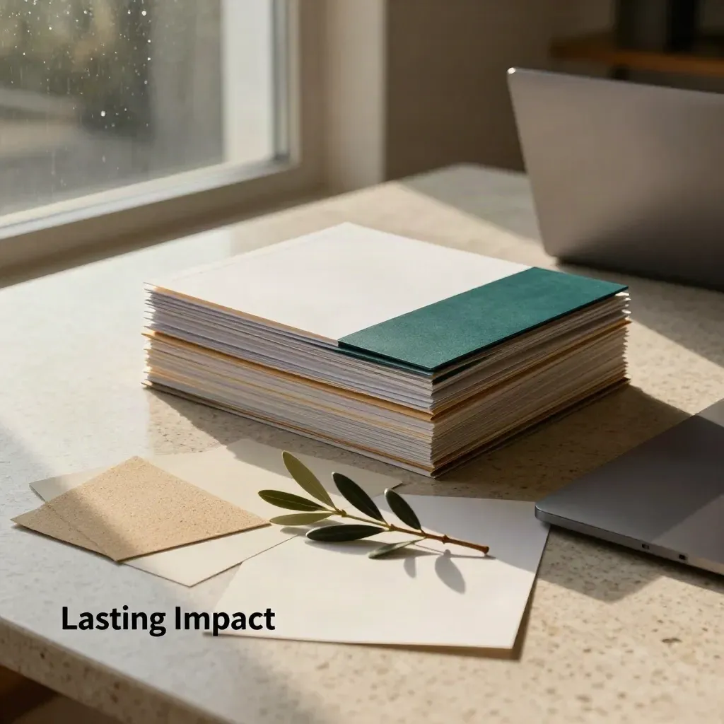 Impact strategy still life with folders, report folios, swatches, laptop and olive branch by a window