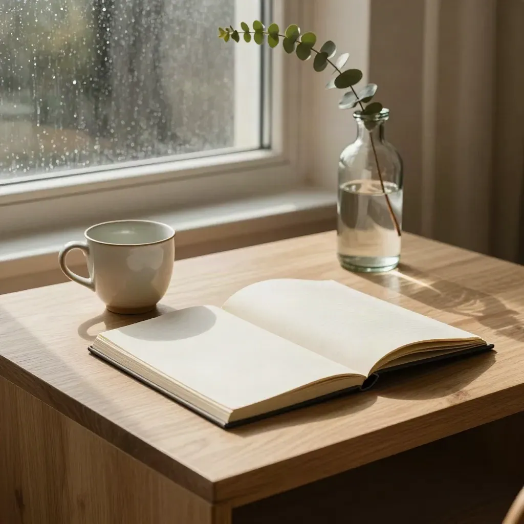 Face-down tone boards, linen notebook, ceramic cup, and branch bottle on a sunlit side table.