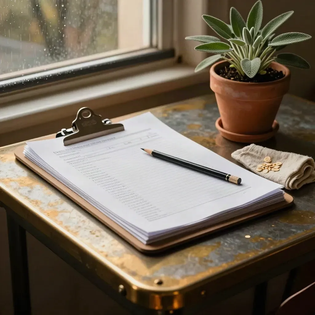 Audit notes on a site table beside a herb pot and rain-spattered rail in warm light.