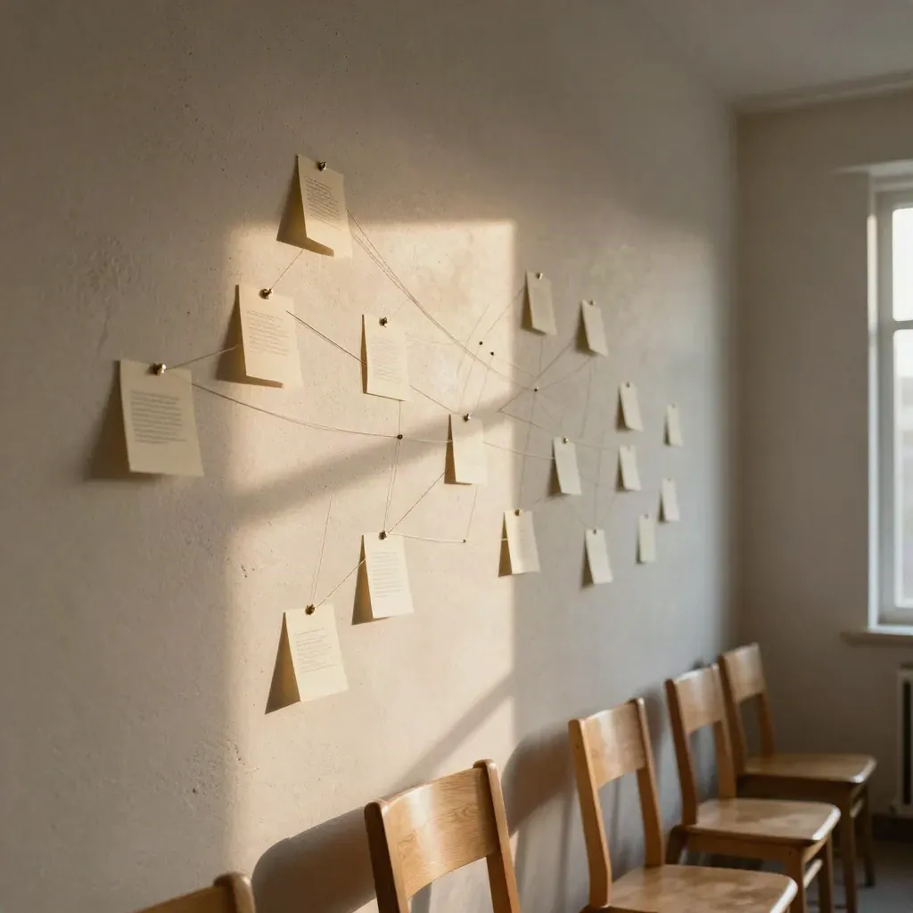 Pinned blank cards and thread map on a travertine wall above a circle of chairs in daylight.