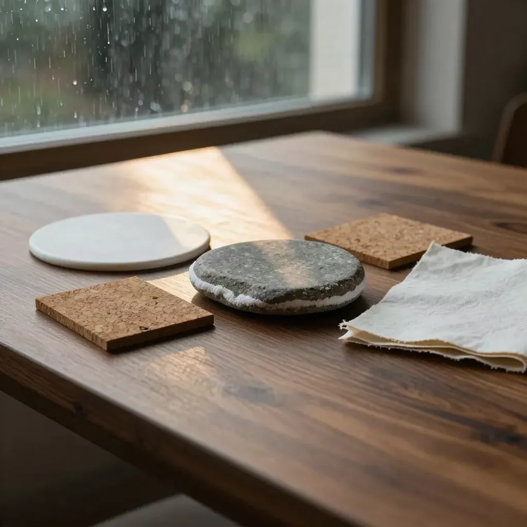 Stone token with sample materials on a walnut table in rain-lit consultancy calm.