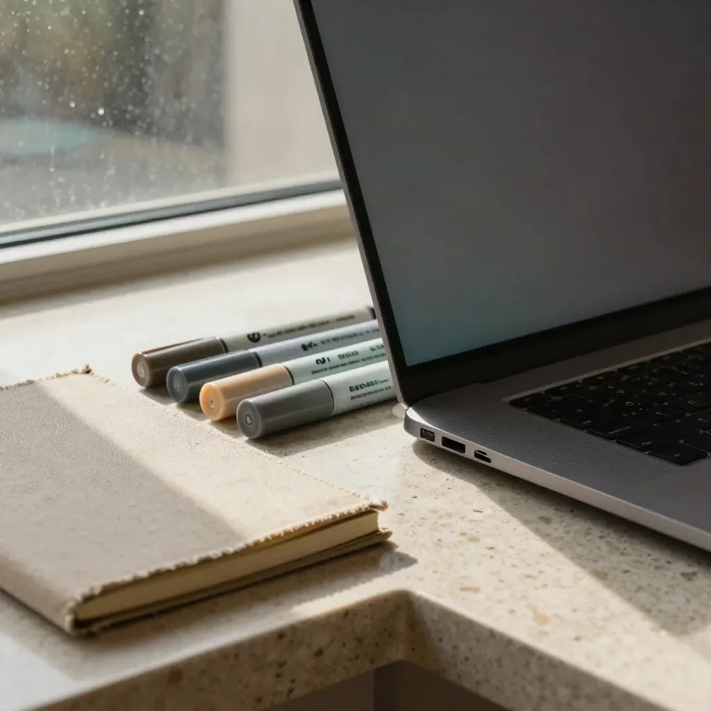Closed laptop, field notebook, and neutral markers on a diagonal travertine shelf in soft daylight.