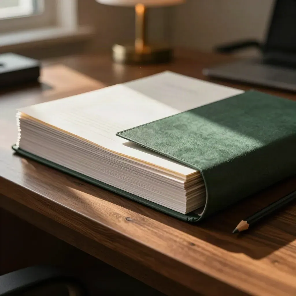 Sorted impact report pages with paperweight, pencil and green folder on a walnut desk by window light.