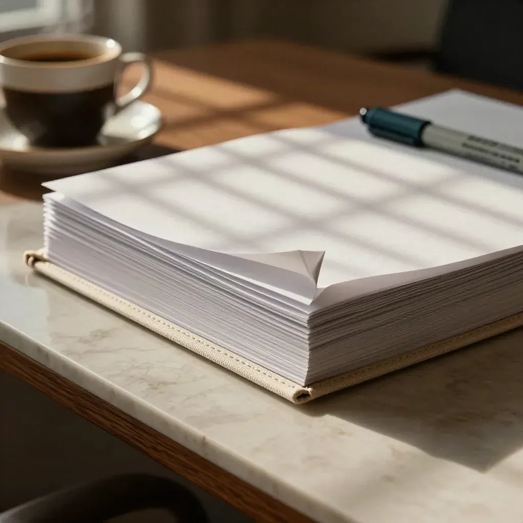 Face-down proof pages, linen folder and coffee cup on a late-night boardroom table.