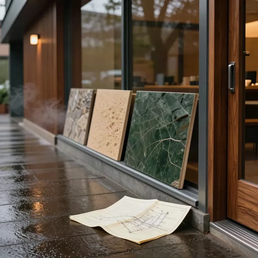 Rain-darkened site-walk path beside a modern facade with sample boards and a folded plan.
