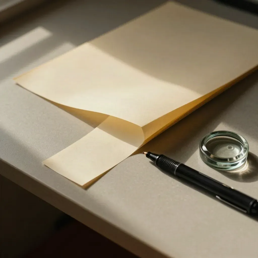 Face-down report proofs, marker, and paperweight on a sanded ash surface.