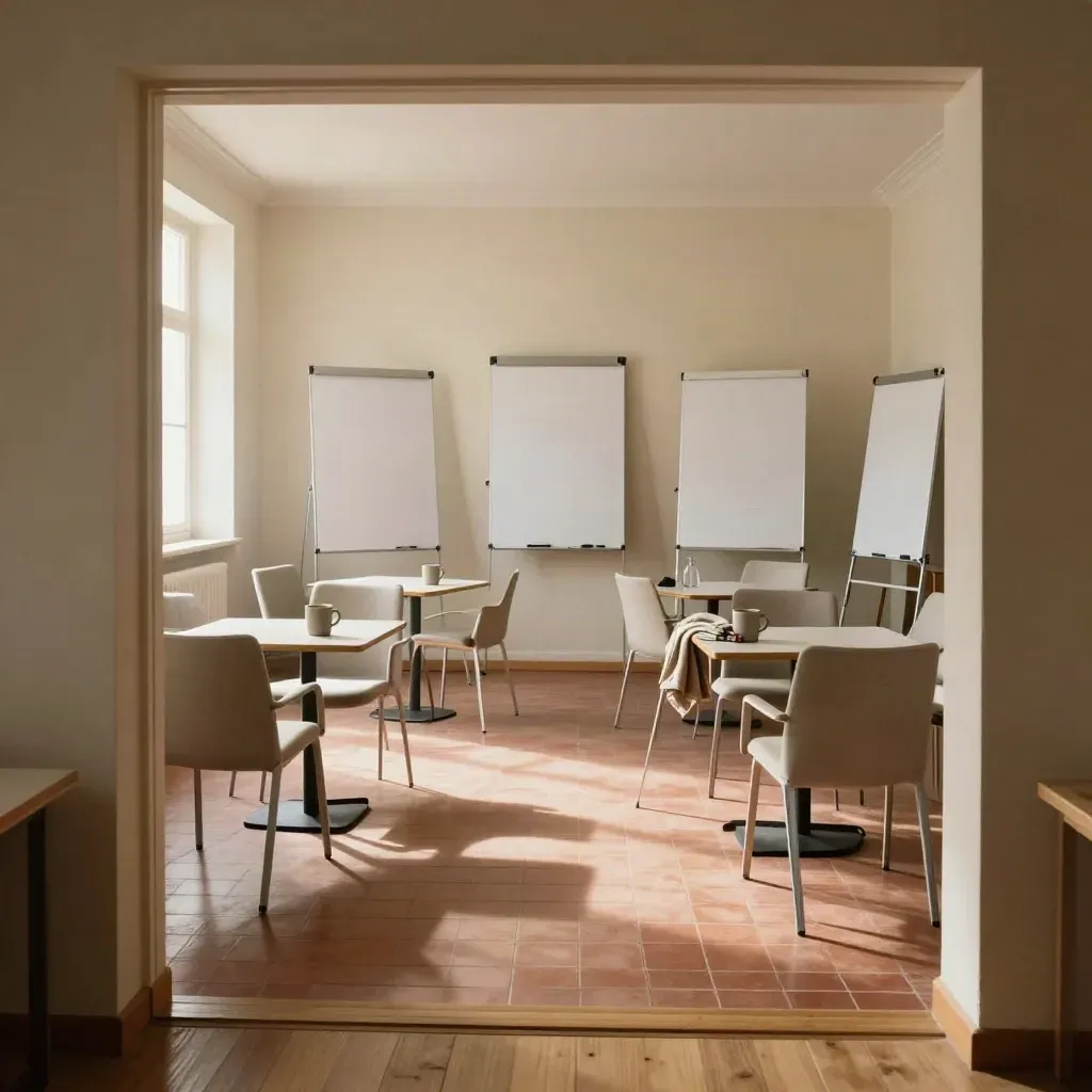 Empty workshop room with U-shaped chairs, flipchart boards and mugs before a consultancy session.