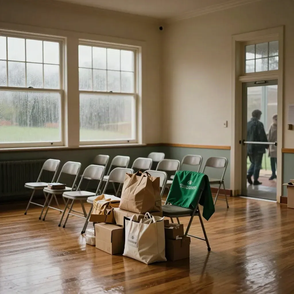 Rainy community hall with folding chairs, donated materials, and green accents in cinematic light.
