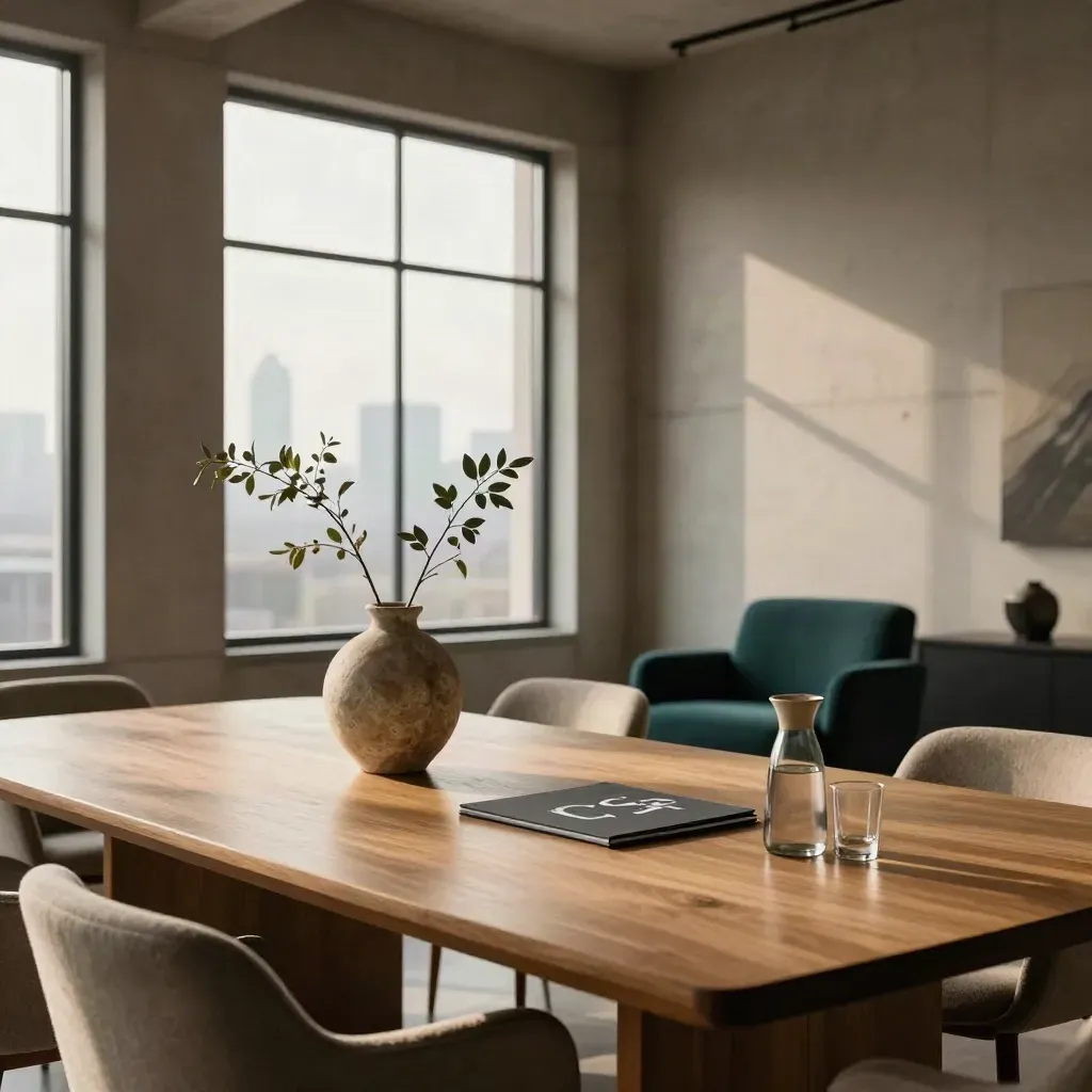 Polished loft meeting room with concrete, glass, a leafy branch, and teal accents in warm daylight.