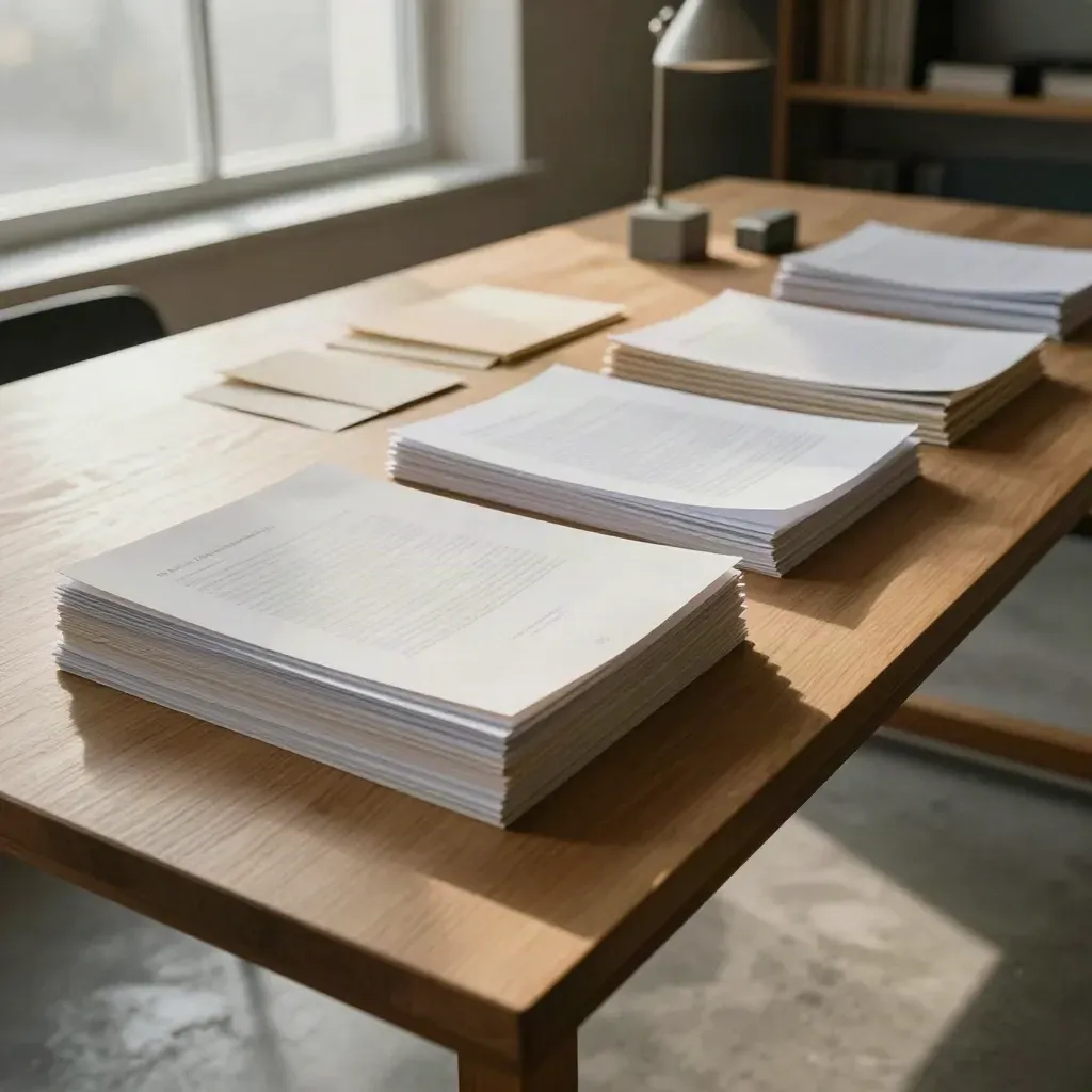 Proof pages, folders and paperweights on a sunlit oak table by a hazy window.
