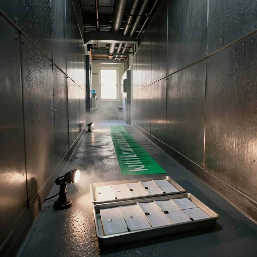 Plant-room audit corridor with torches, sample trays and brushed metal panels in cool steam.