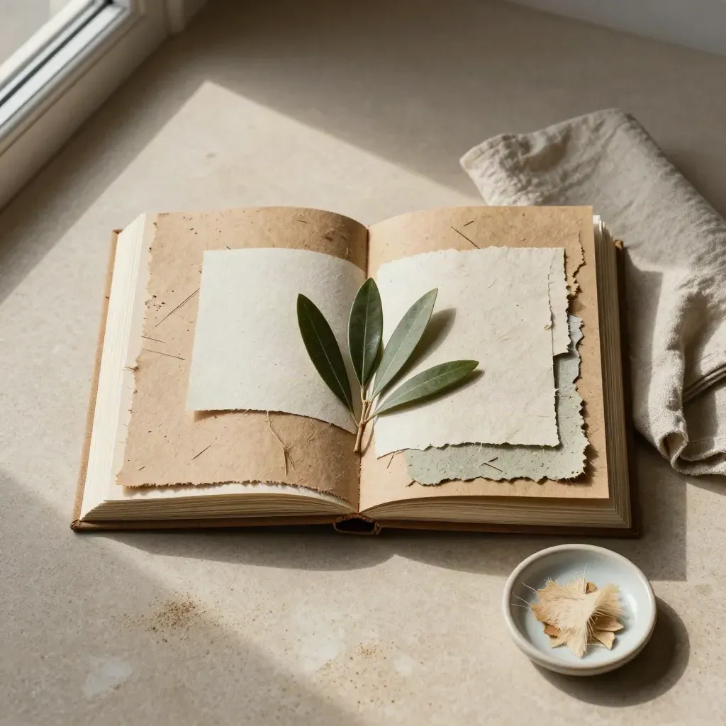 Overhead flatlay of a recycled paper sample book, olive leaf and linen cloth on pale stone.