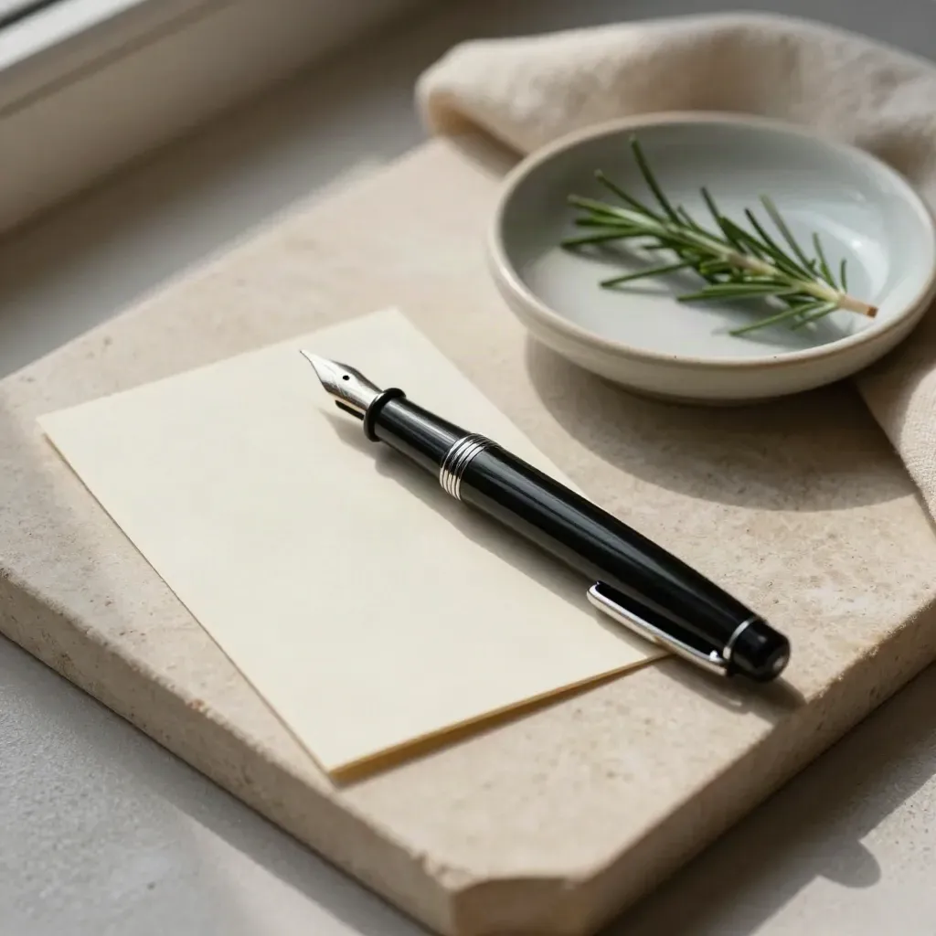 Top-down still life of a fountain pen, cream cards, ceramic dish and rosemary on stone.