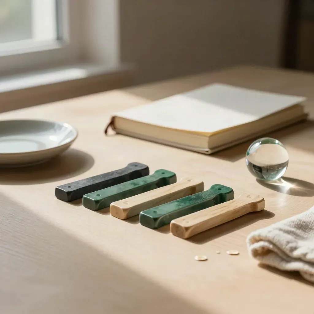 Neutral tally chips, closed ledger, and glass paperweight on pale wood in soft afternoon light.
