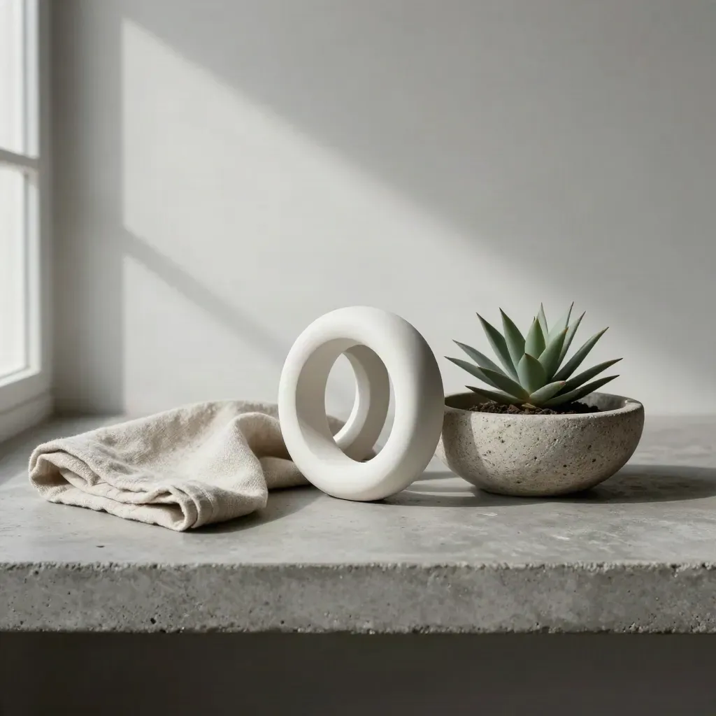 Ceramic rings, folded cloth, and a small plant on a stone shelf