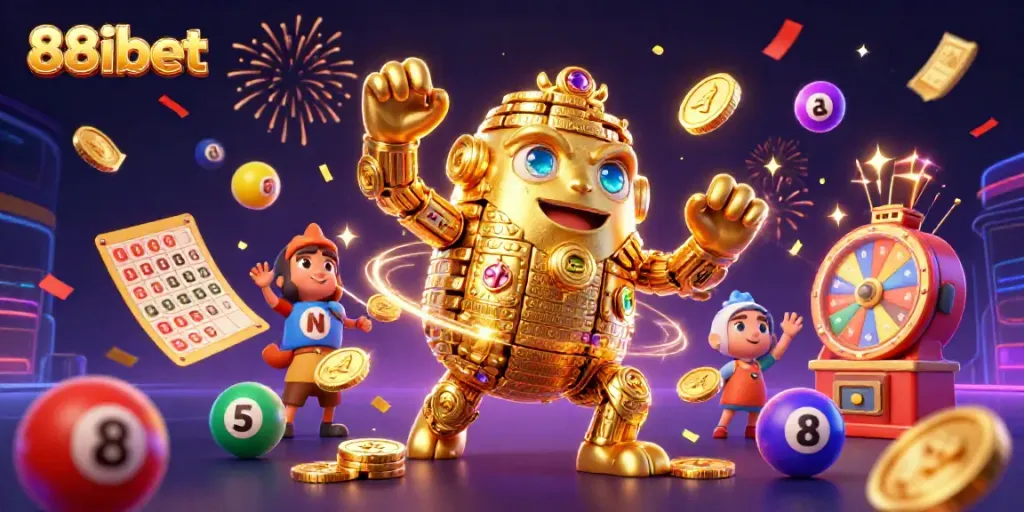 Engage with 88ibet's golden golem illustration showcasing vibrant lottery elements and dynamic casino themes.
