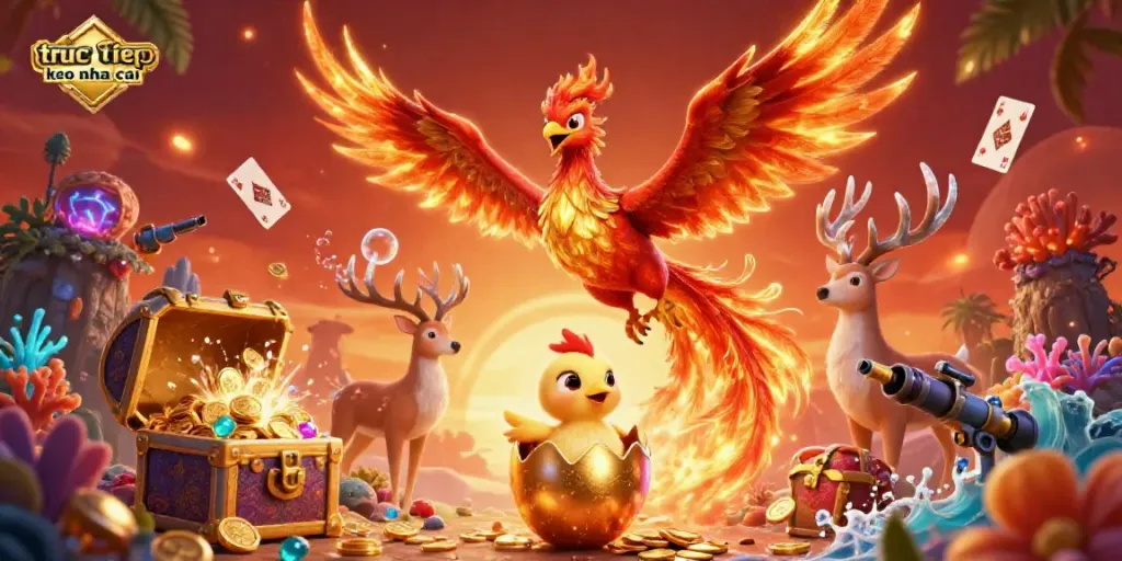 Engage with the thrilling action of truc tiep keo nha cai while witnessing a fire phoenix and remarkable treasures in vibrant 3D.