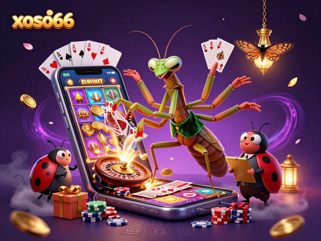 Dive into xoso66's vibrant gaming world with a whimsical mantis dealer and thrilling slot action.