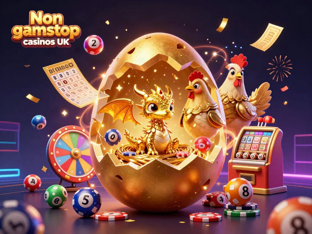 Engage with Non gamstop casinos UK featuring a golden dragon and poker chips surrounded by lottery elements and vibrant confetti.