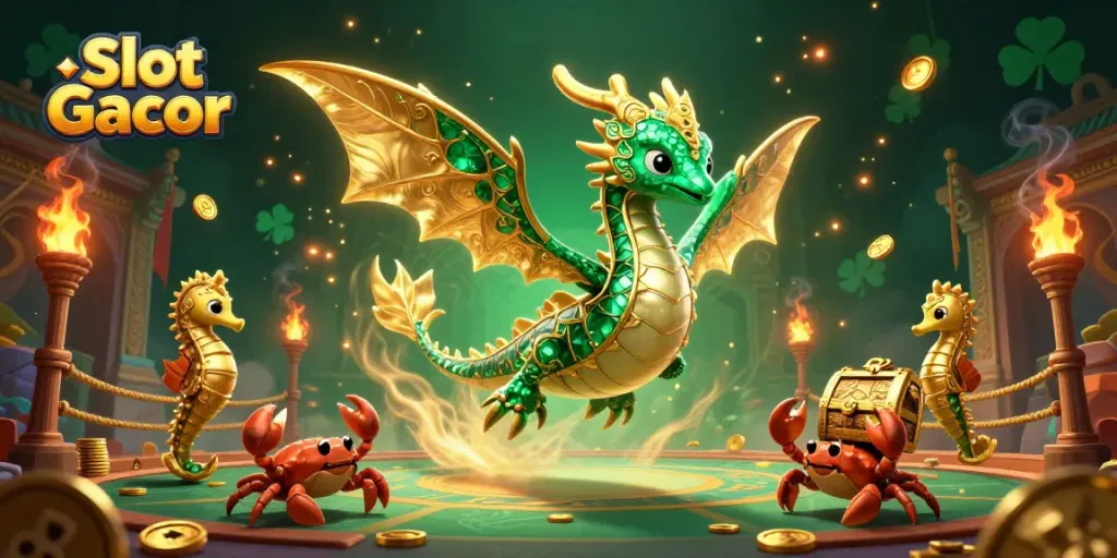 Slot Gacor menyajikan gambar ilustrasi kasino 3D yang kaya dengan simbol keberuntungan dan harta karun.