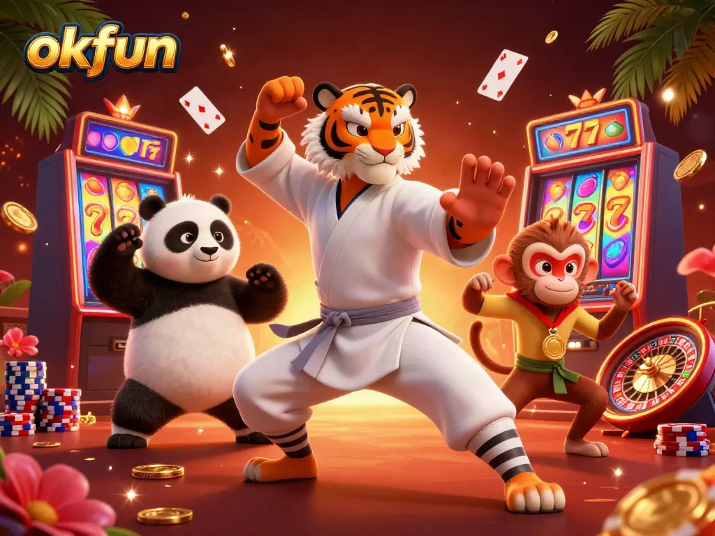 Experience thrilling gaming at okfun with a playful 3D cartoon tiger in a vibrant casino scene featuring slots and cards.