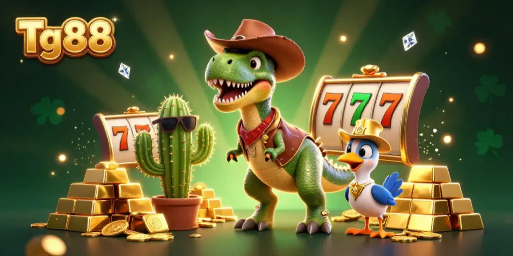 Engage in exhilarating slots action at Tg88 with a vibrant 3D scene featuring a T-Rex and treasures.