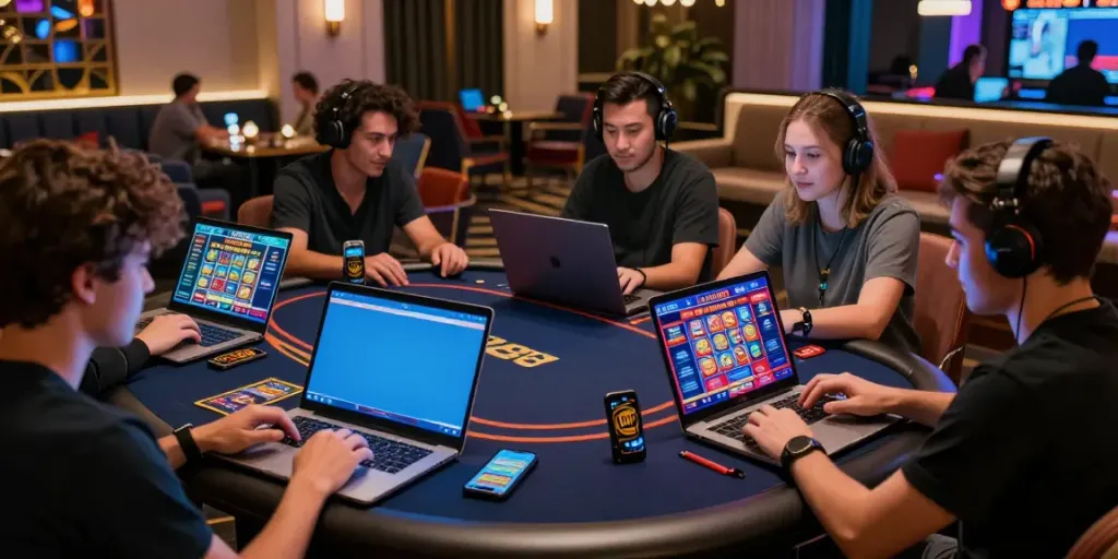 LU888 online gambling excitement with diverse players engaging in gaming activities in a modern lounge