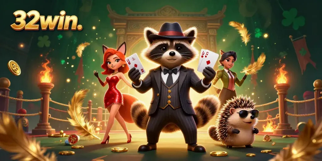 Experience the excitement of 32win. with a raccoon holding a royal flush amidst an action-packed casino scene.