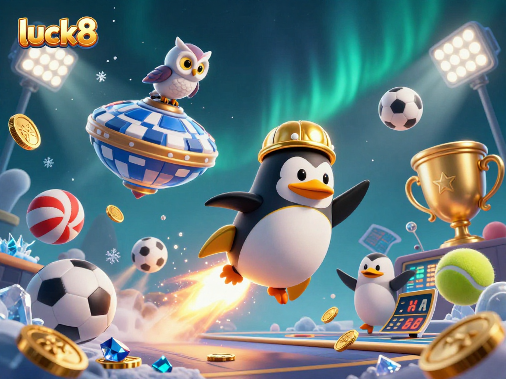 Engage with luck8's thrilling casino features, captured in a vibrant 3D digital art scene.