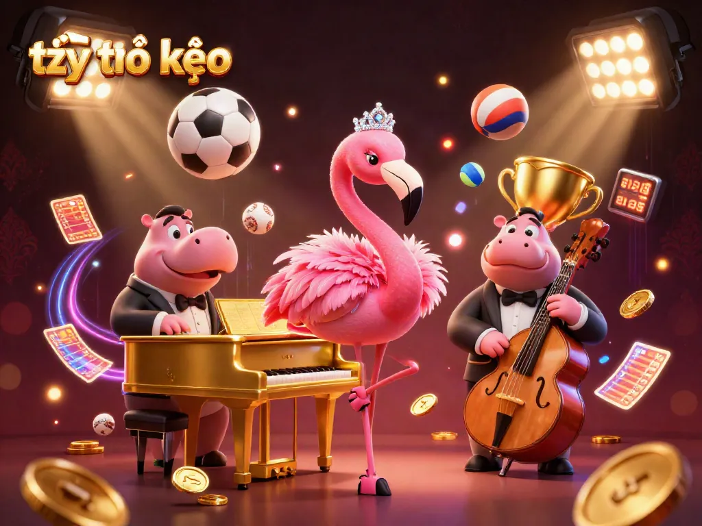 Bet on featured tỷ lệ kèo at a dynamic gambling scene with flamingos and hippos playing