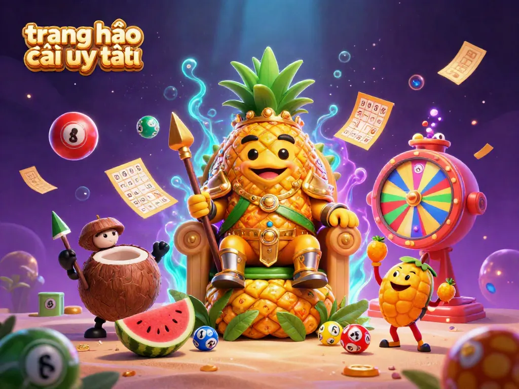 Engage with trang nhà cái uy tín in this vibrant casino scene featuring a golden pineapple king and lively game elements.