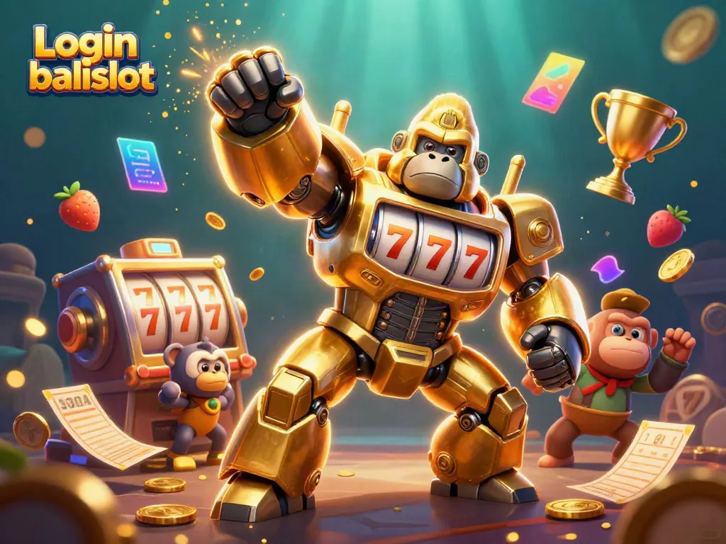 Experience thrilling games with Login balislot featuring a golden gorilla mech surrounded by dynamic slot elements.