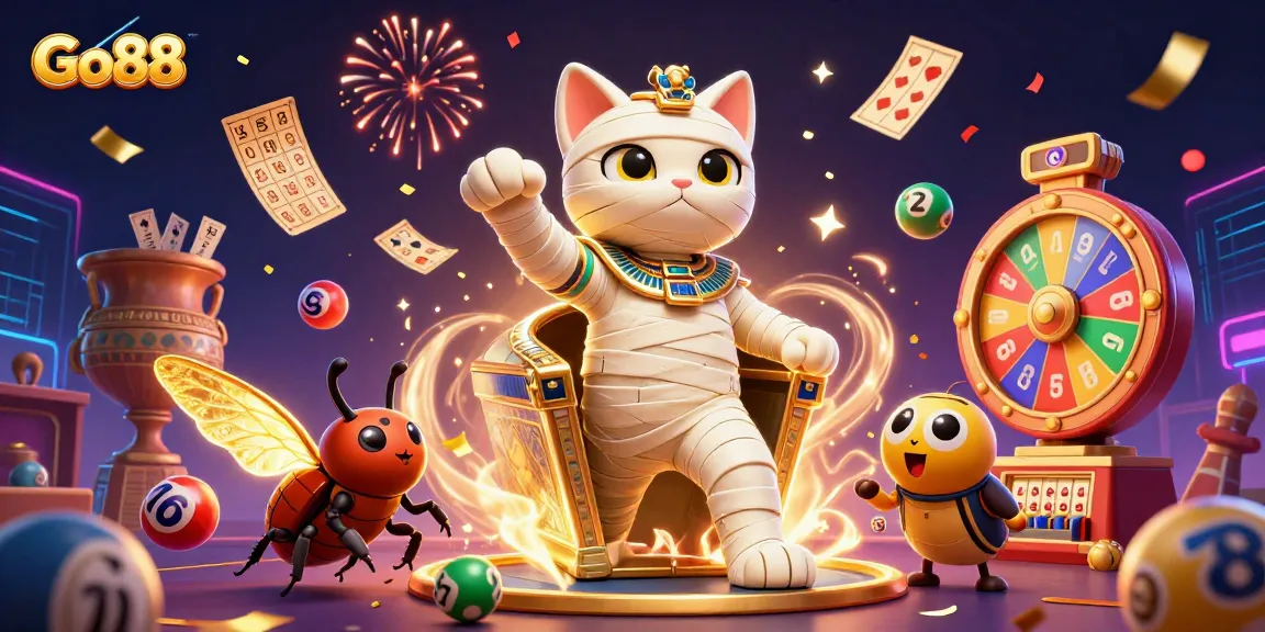Experience the excitement of Go88 with a vibrant 3D illustration featuring a unique Egyptian mummy cat in a thrilling casino setting.